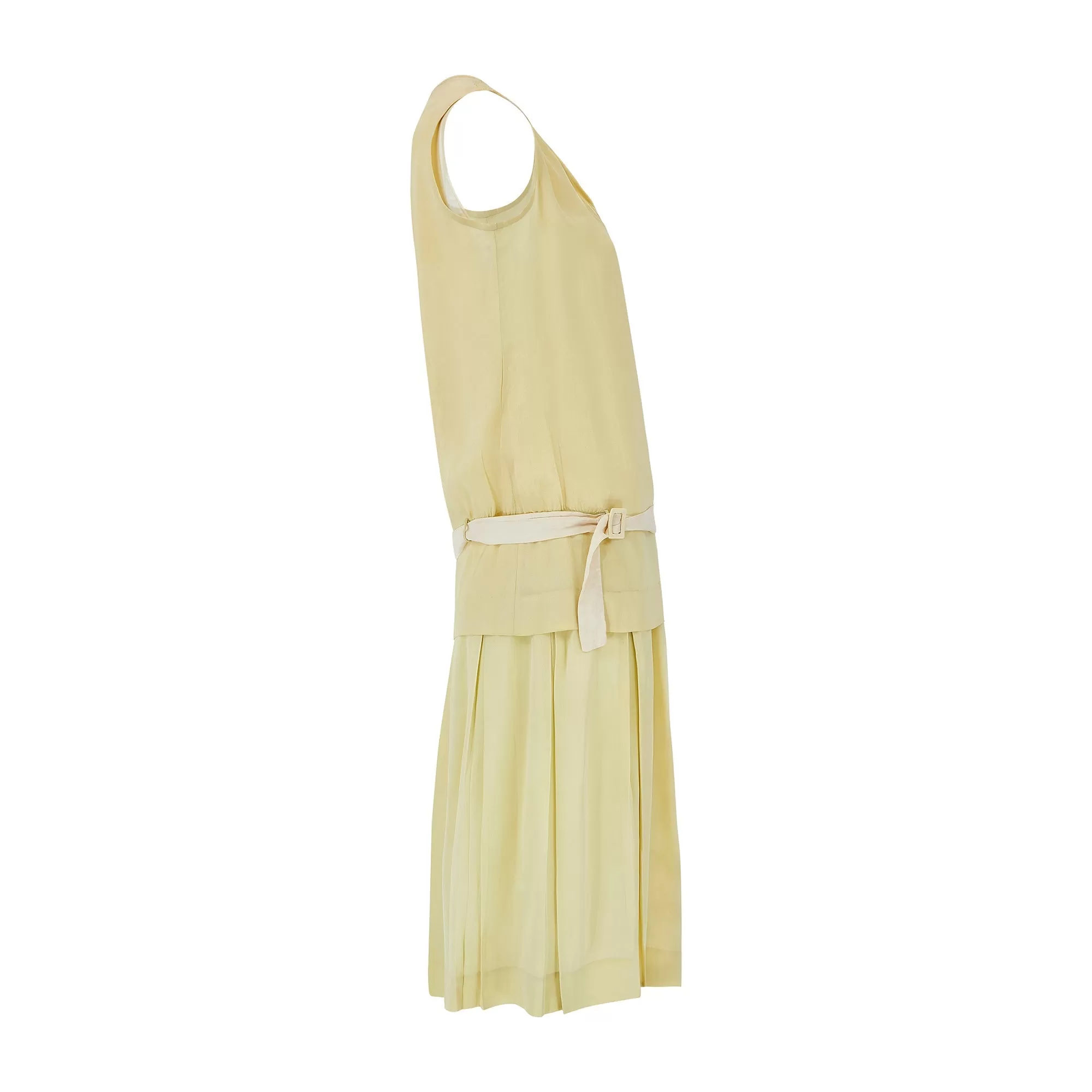 1920s Pale Chartreuse Green and Cream Silk Dress