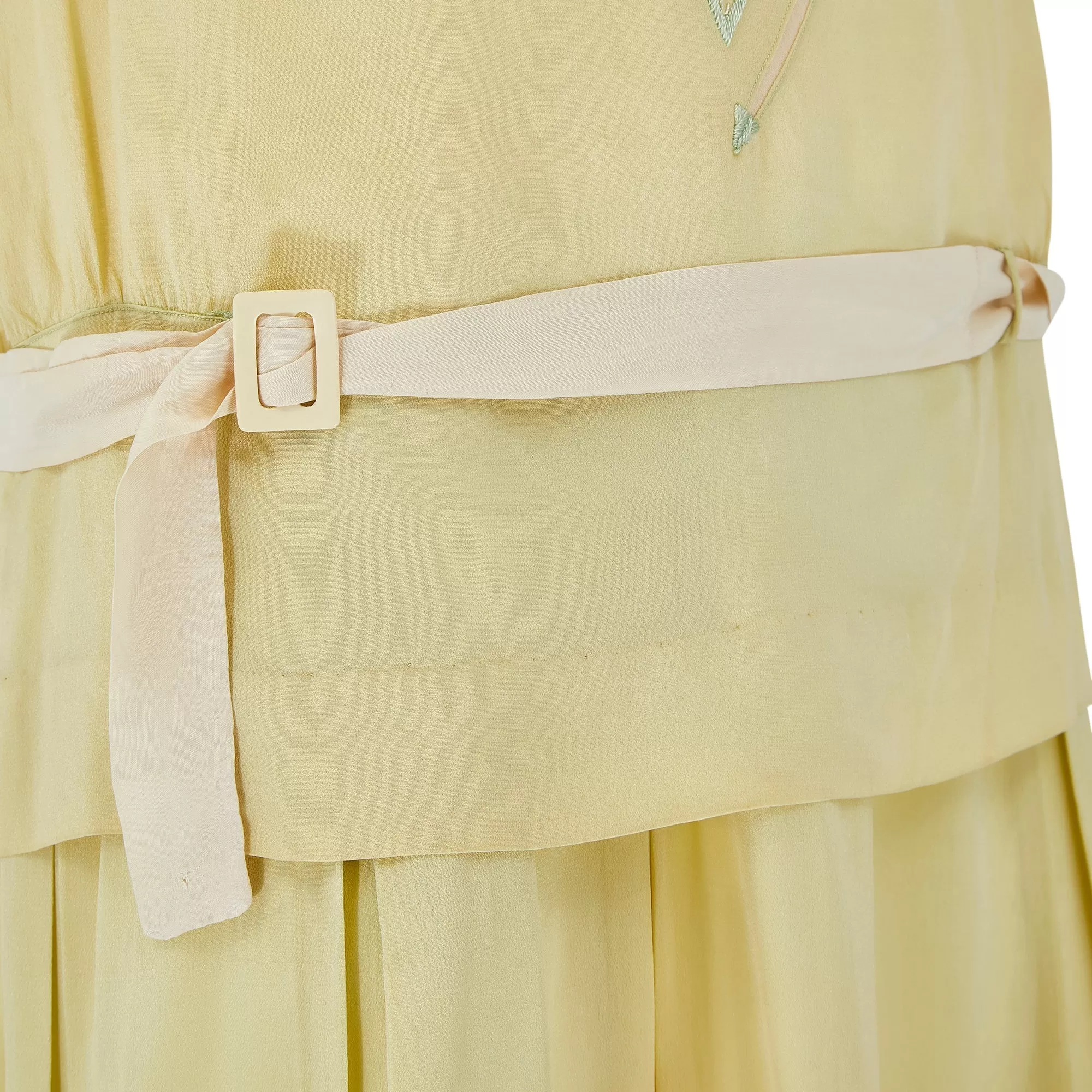 1920s Pale Chartreuse Green and Cream Silk Dress