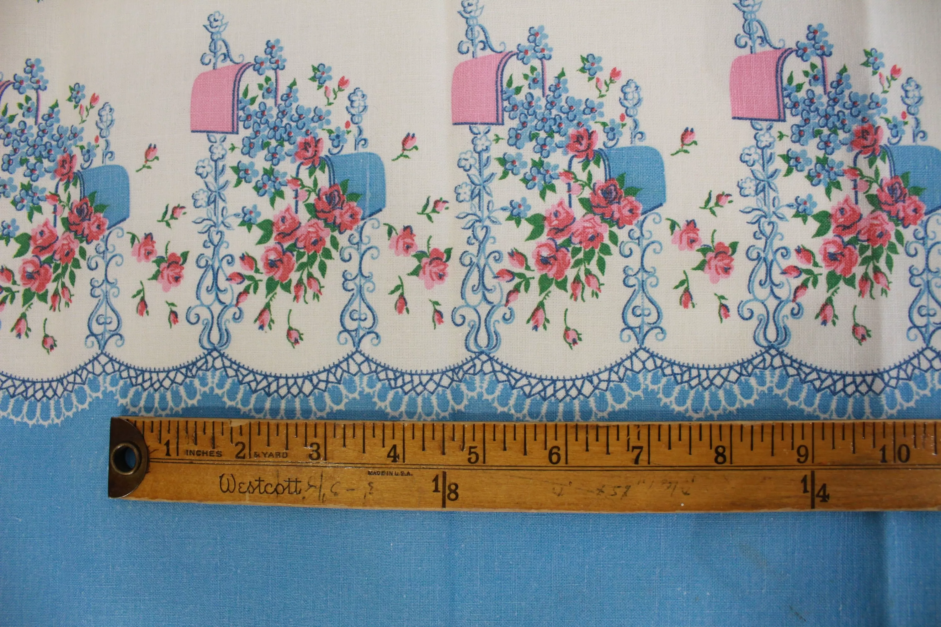 1940s Border Print Feedsack, Blue and Pink Flowers, Cotton Sewing Fabric