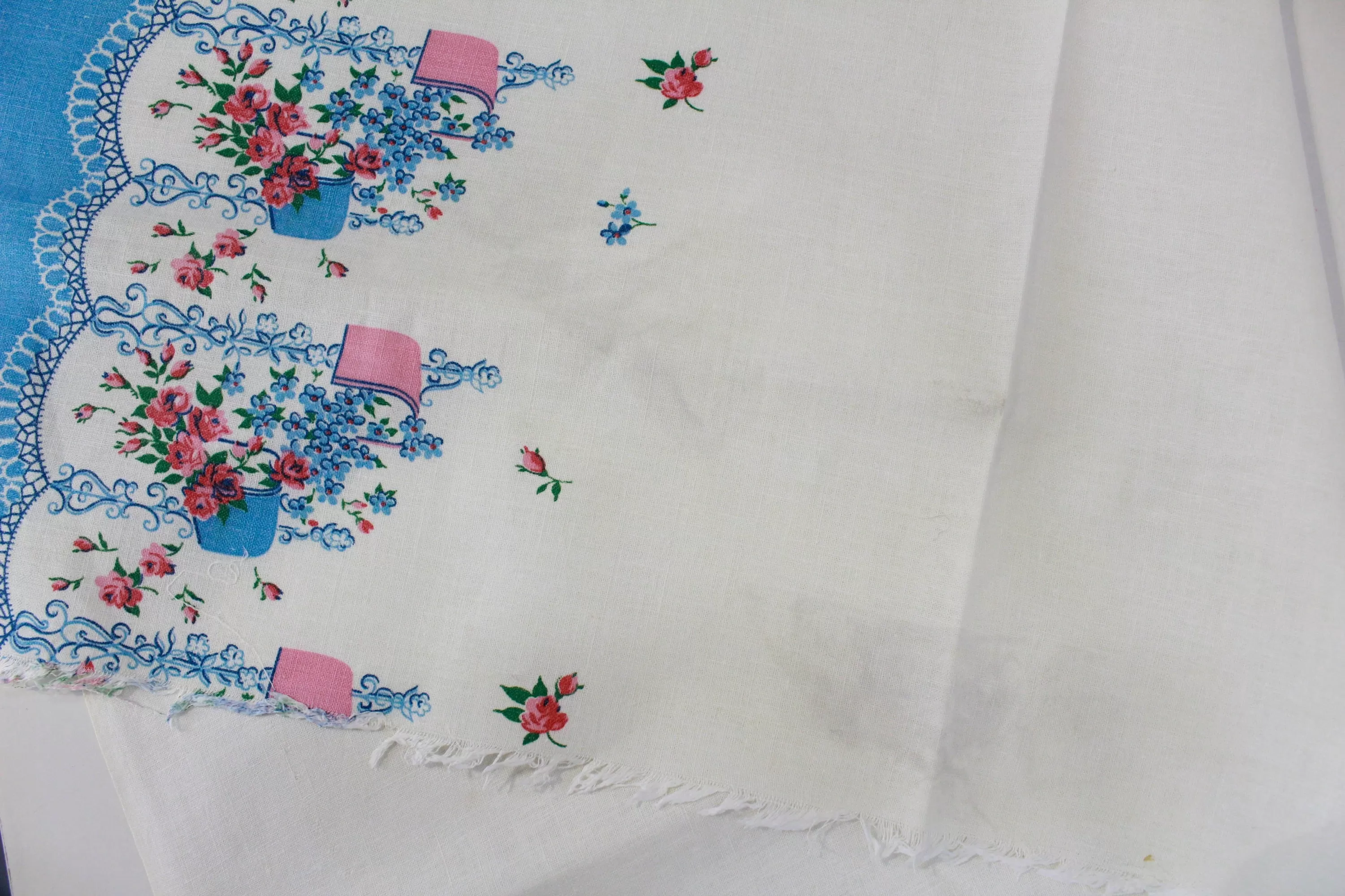 1940s Border Print Feedsack, Blue and Pink Flowers, Cotton Sewing Fabric