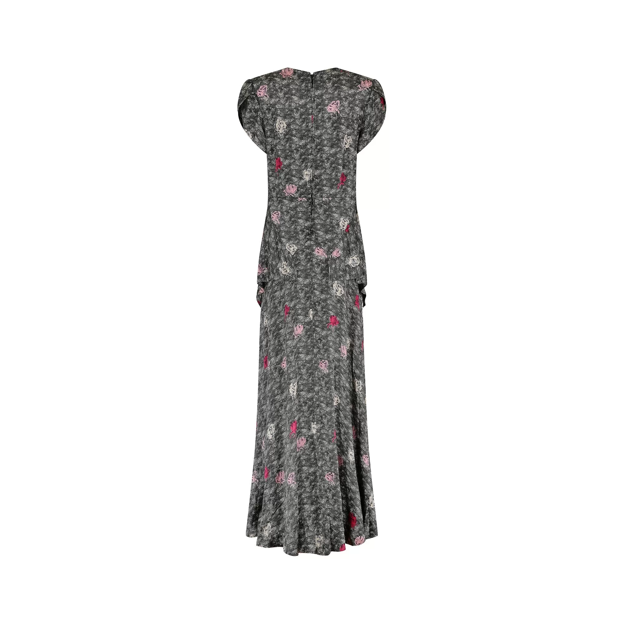 1940s Novelty Rose Print Silk Peplum Maxi Dress