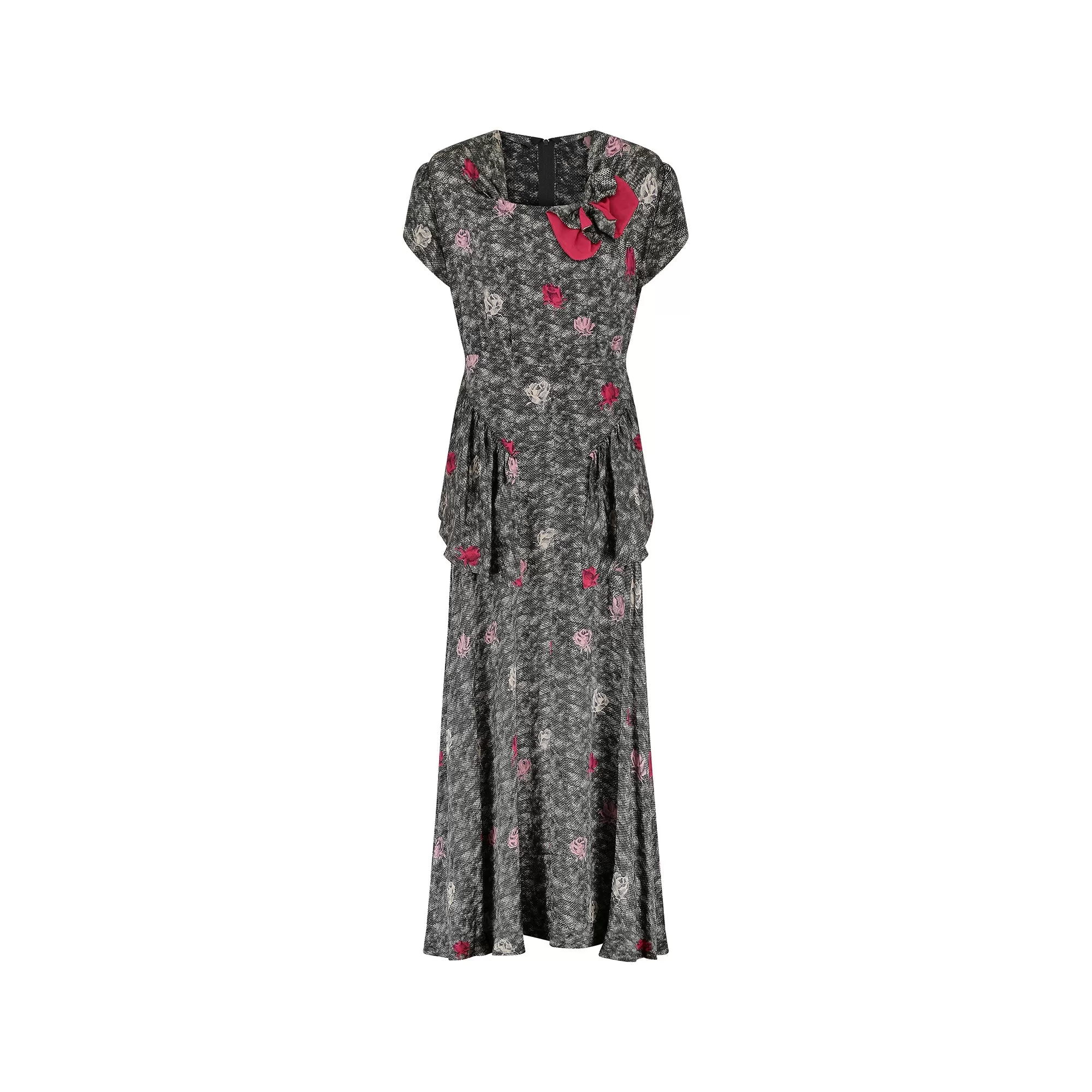 1940s Novelty Rose Print Silk Peplum Maxi Dress