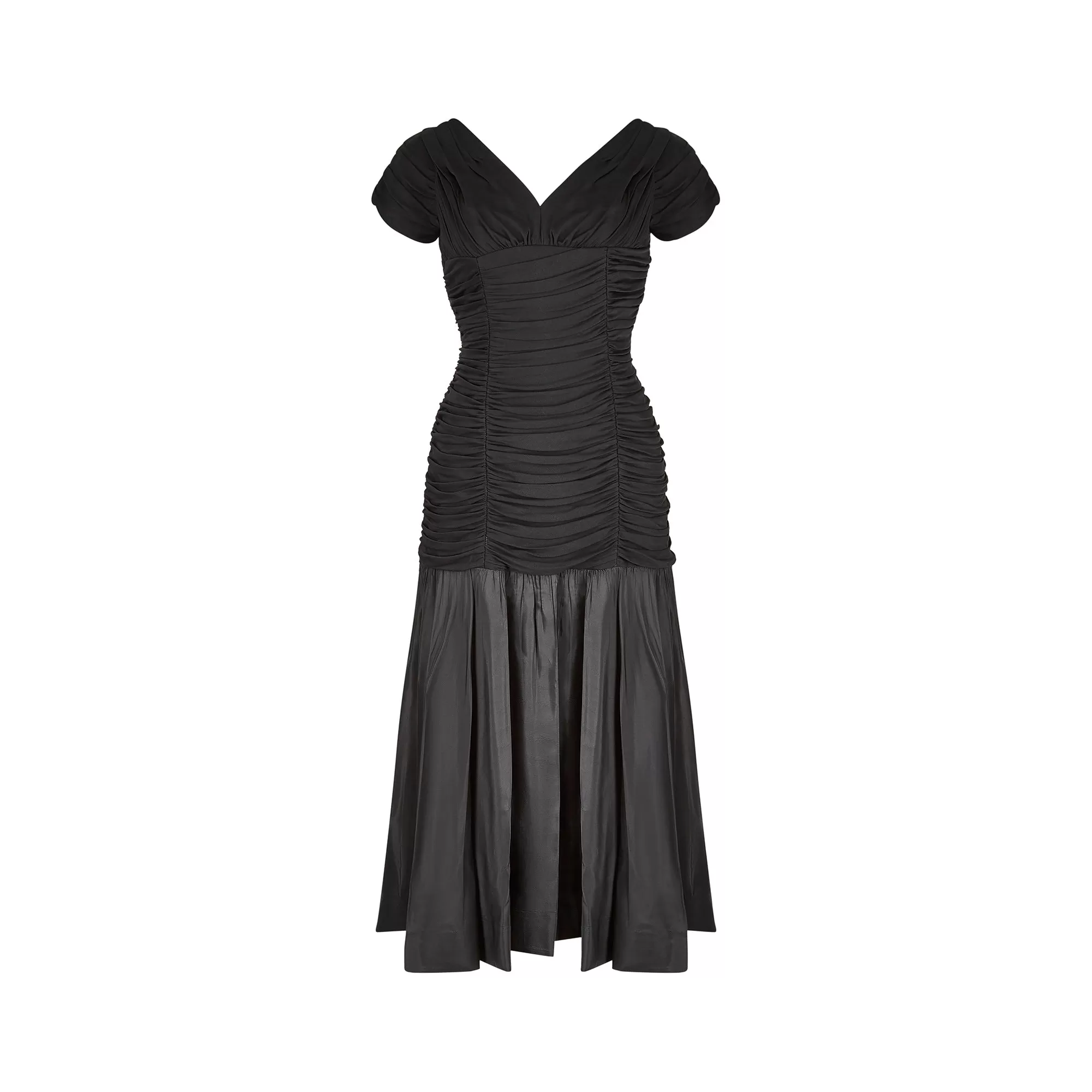 1950s Ceil Chapman Black Taffeta and Ruched Silk Jersey Dress