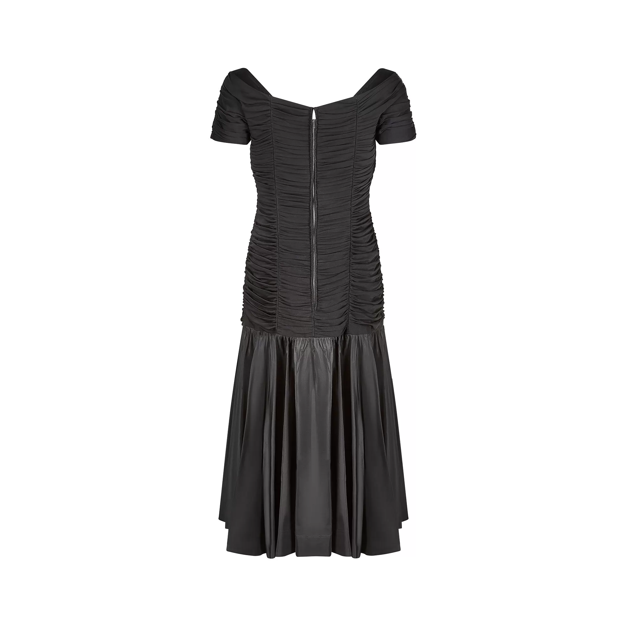 1950s Ceil Chapman Black Taffeta and Ruched Silk Jersey Dress