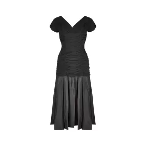 1950s Ceil Chapman Black Taffeta and Ruched Silk Jersey Dress