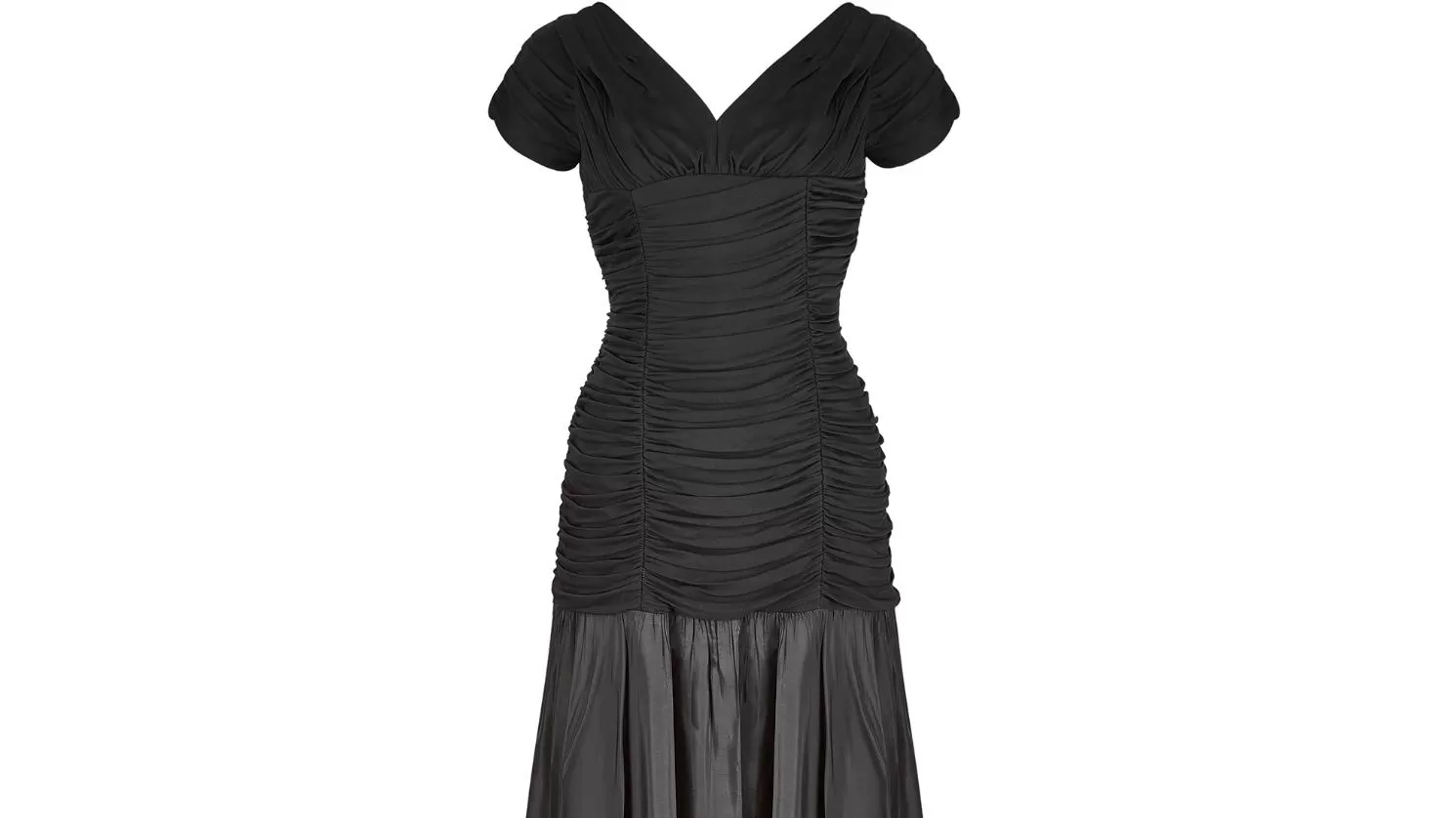 1950s Ceil Chapman Black Taffeta and Ruched Silk Jersey Dress