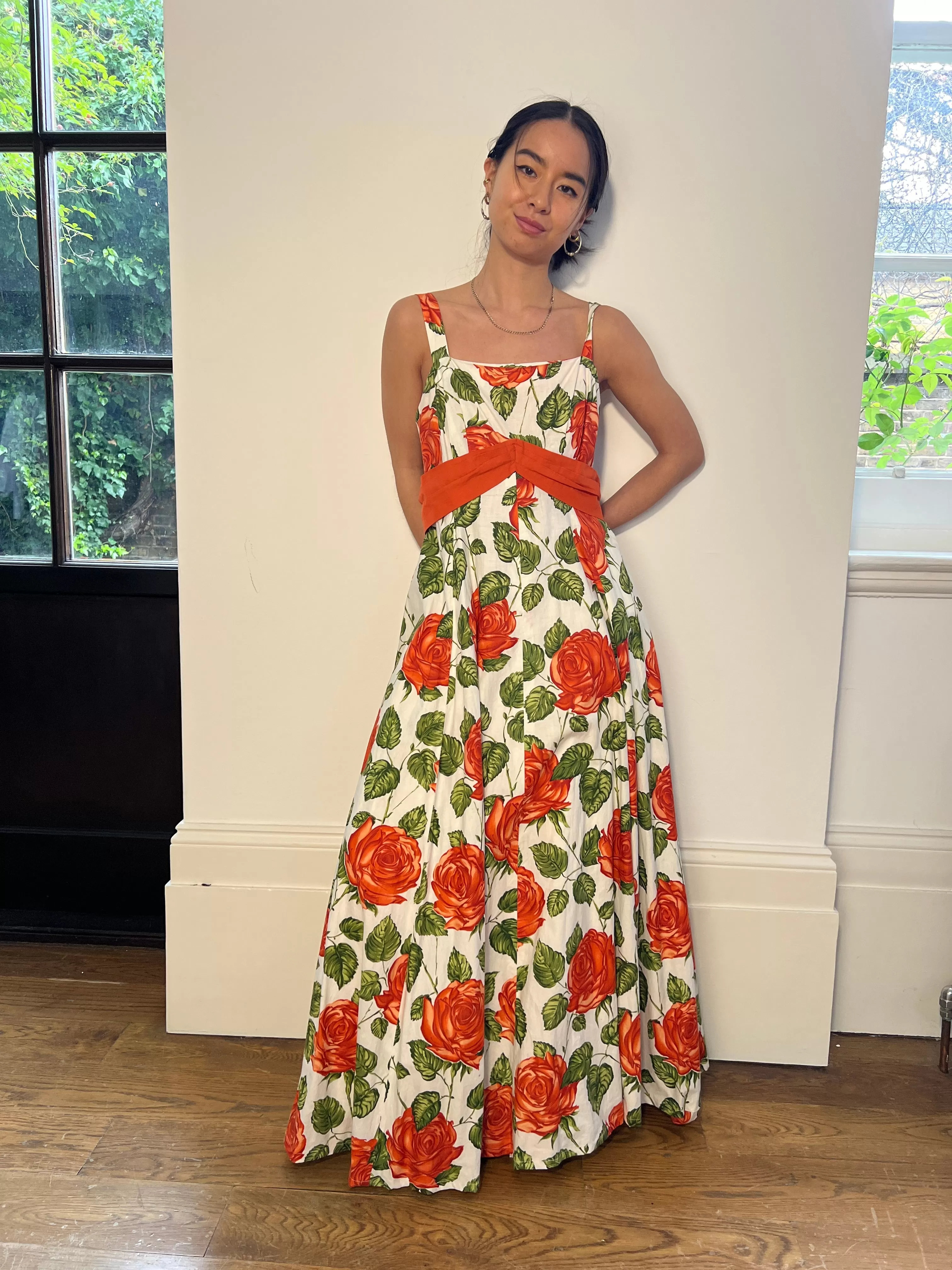 1950s Jonelle Orange Rose Print Cotton Maxi Dress