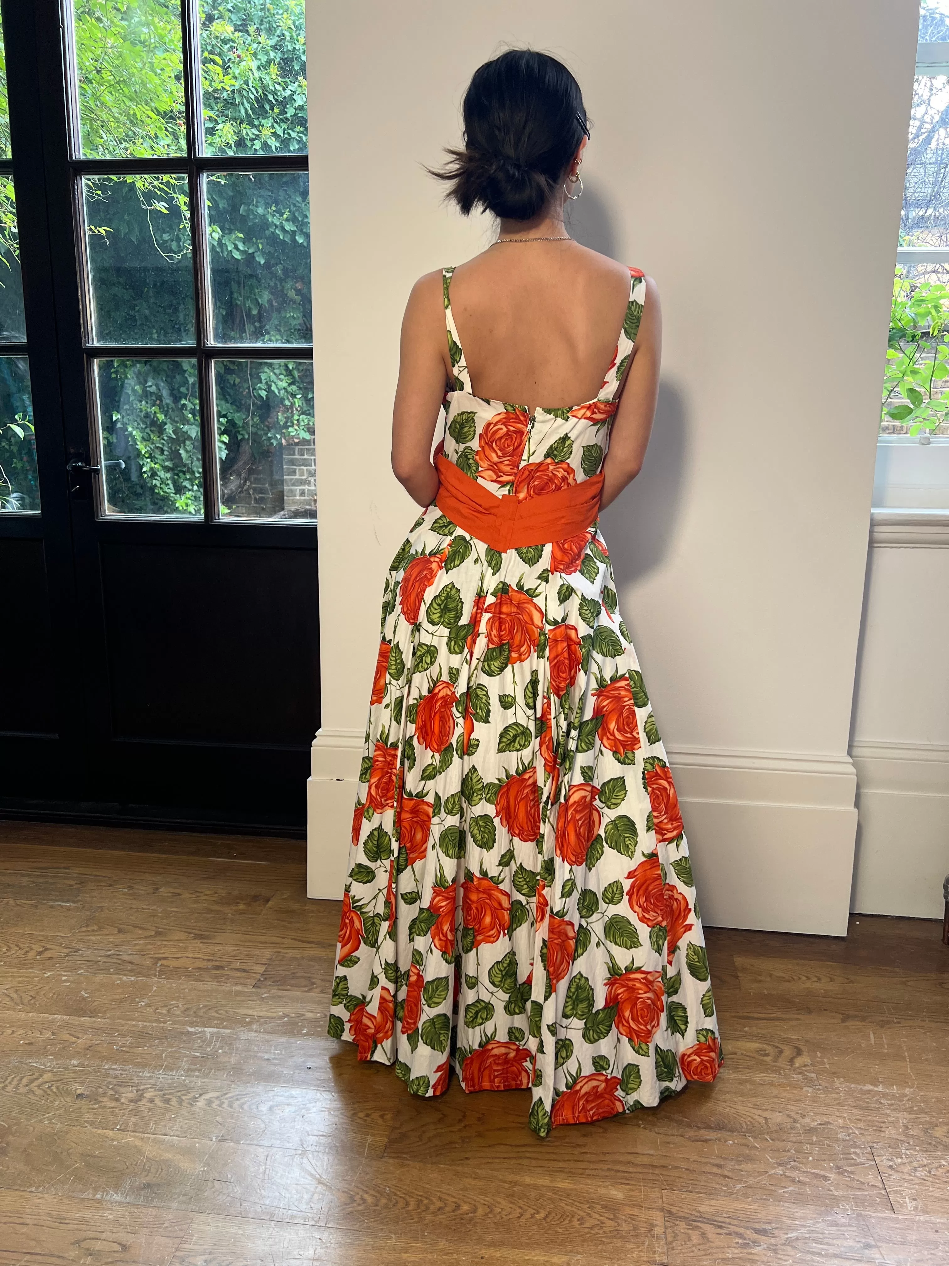 1950s Jonelle Orange Rose Print Cotton Maxi Dress