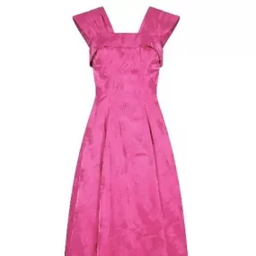 1950s Magenta Jacquard Print Floral Evening Dress