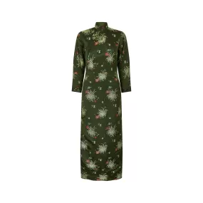 1960s Green Oriental Heavy Silk Floral Full Length Dress