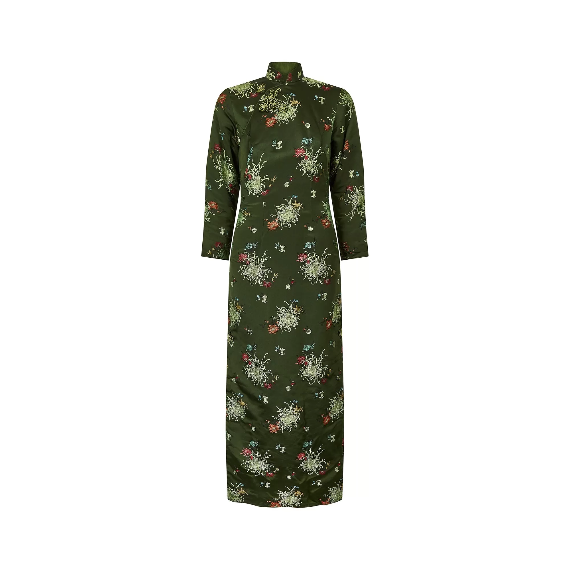 1960s Green Oriental Heavy Silk Floral Full Length Dress