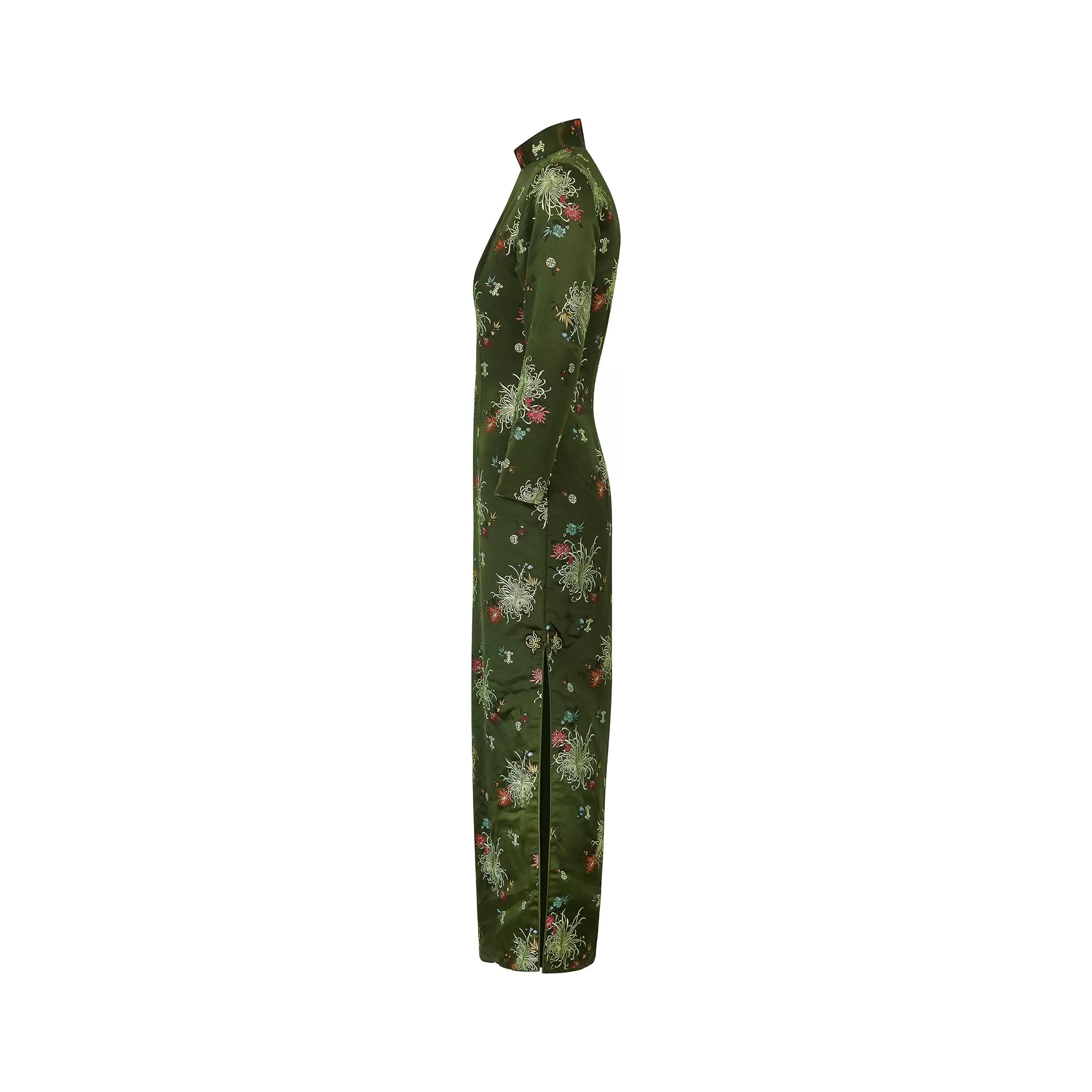 1960s Green Oriental Heavy Silk Floral Full Length Dress