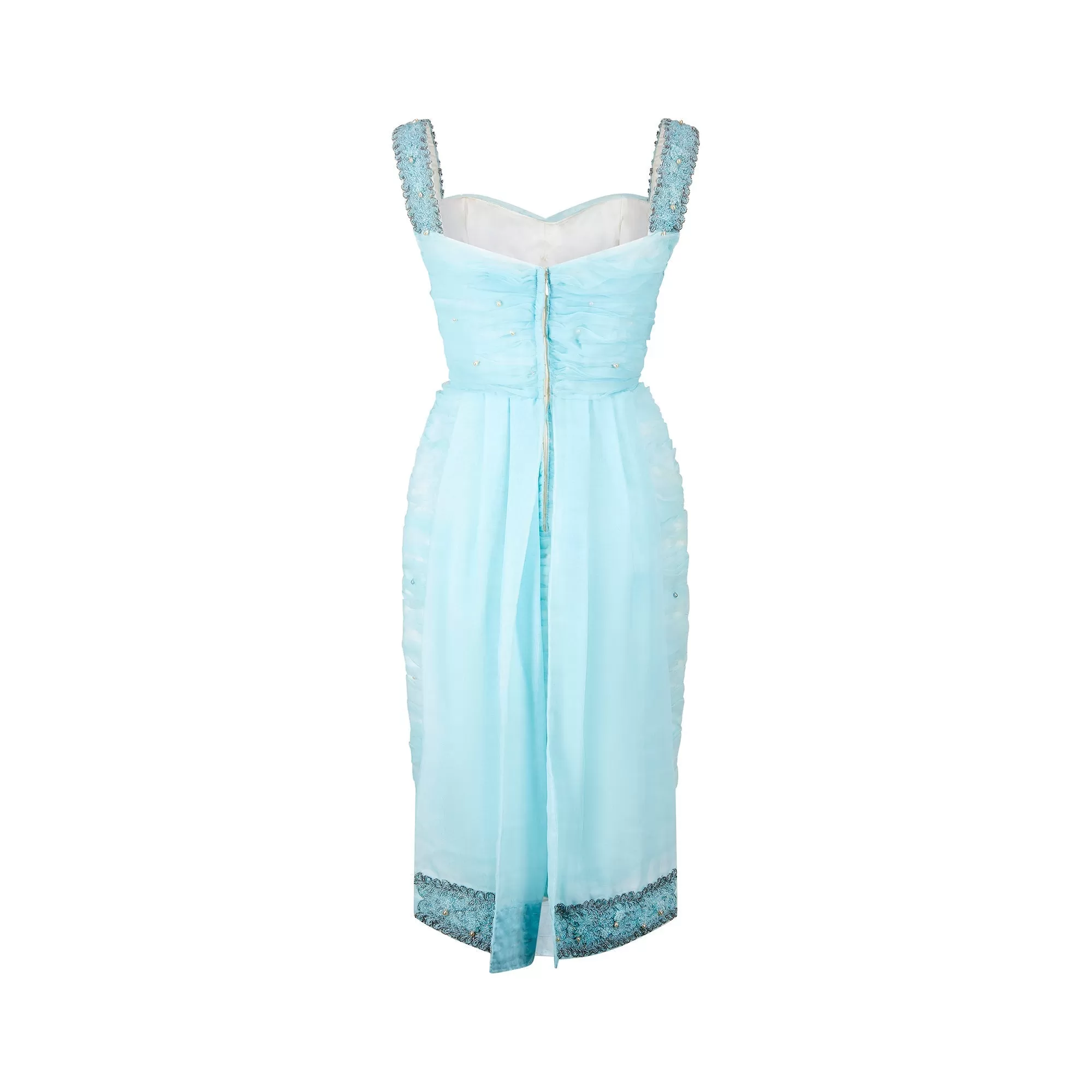 1960s Turquoise Scallop Pleated and Beaded Embellished Shift Dress