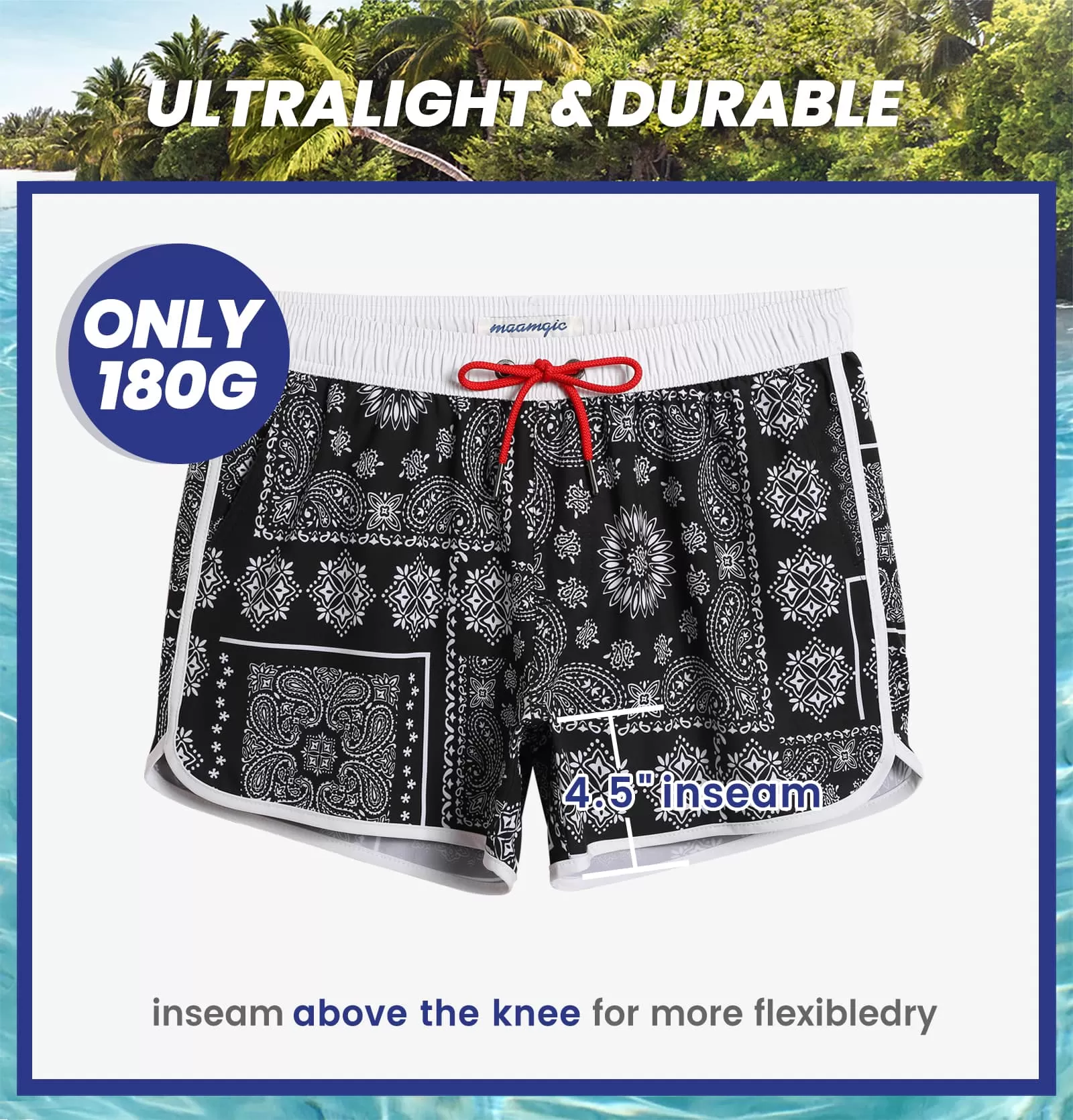 4.5 Inch Inseam Vintage Stretch Black White Persian Swim Trunks