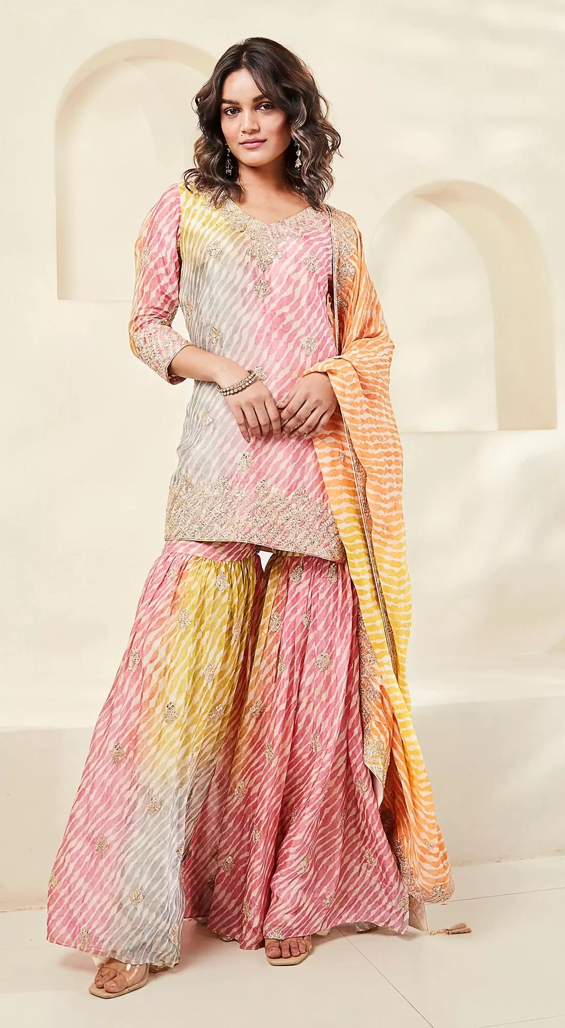 510058 Pink Printed Embroidered Sharara Suit with Dupatta