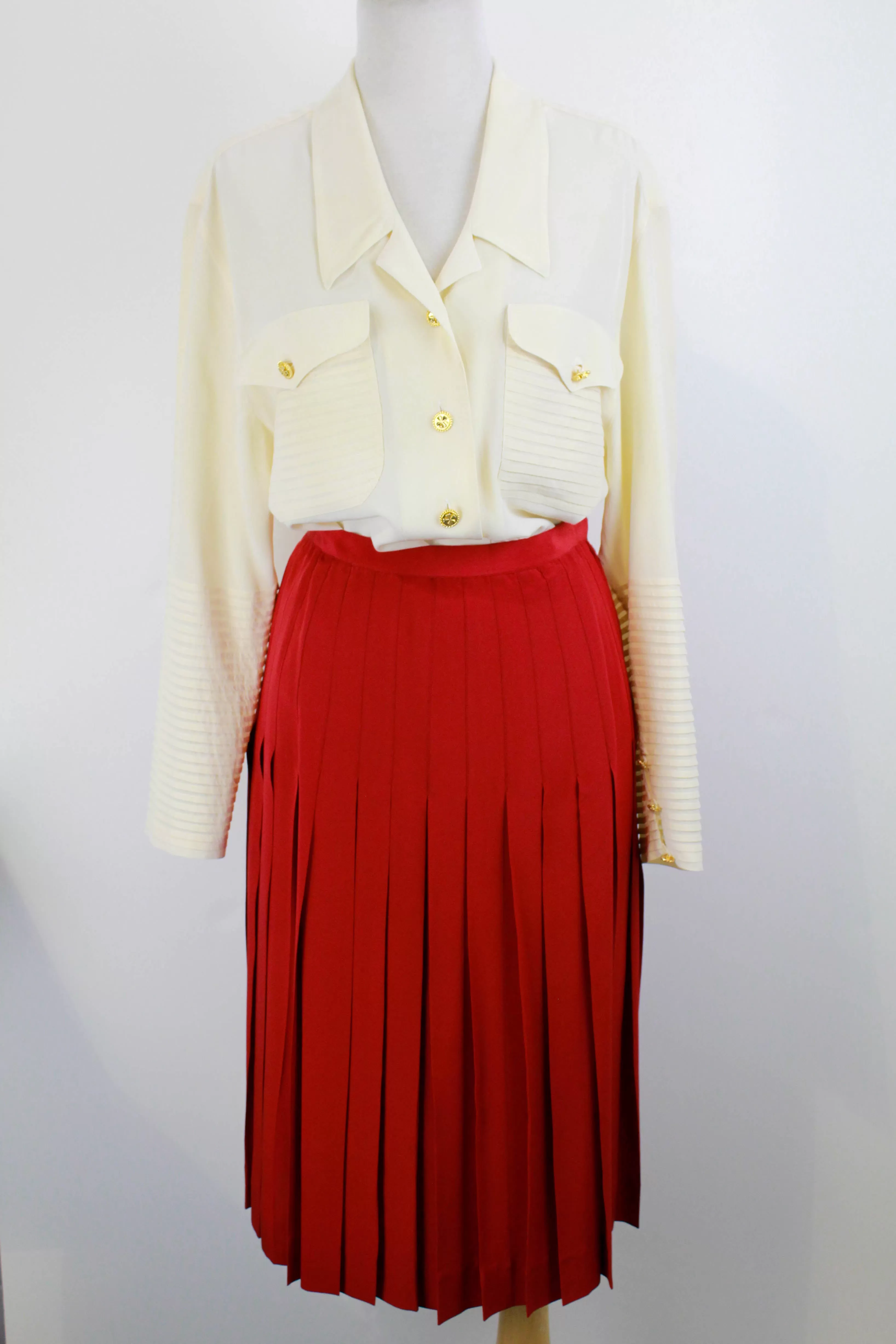 80s Vintage Chanel Red Silk Pleated Skirt