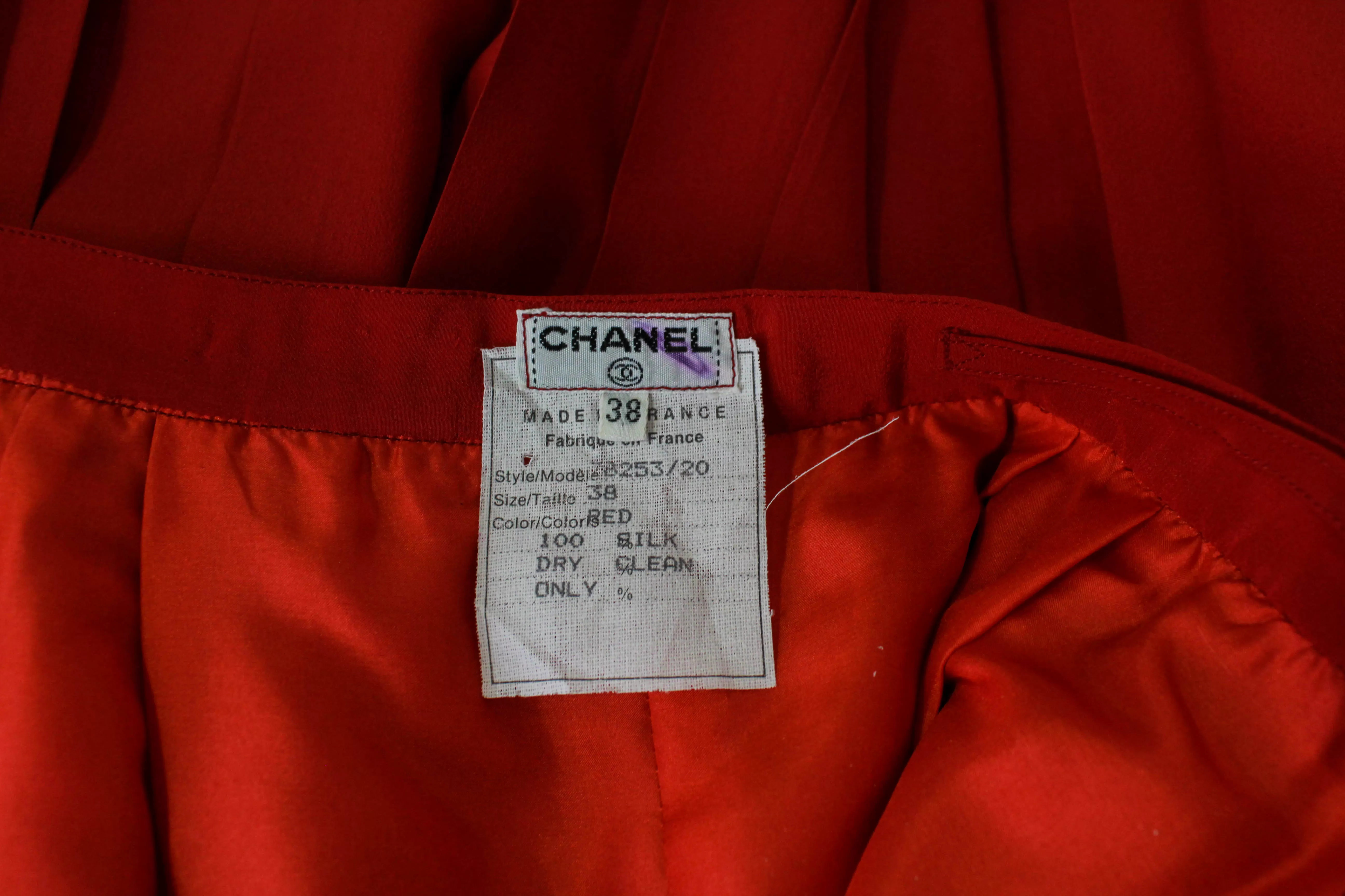 80s Vintage Chanel Red Silk Pleated Skirt