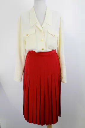 80s Vintage Chanel Red Silk Pleated Skirt