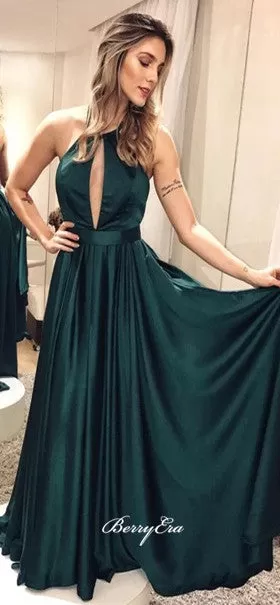 A-line Emerald Green Soft Satin Prom Dresses, Long Prom Dresses, Popular Prom Dresses