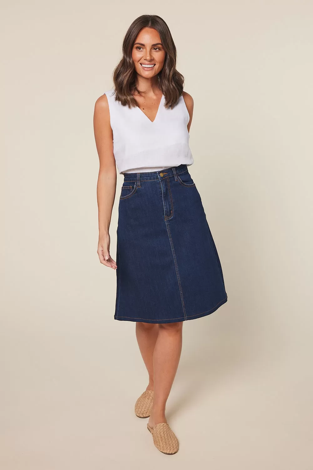 Adrift Denim Short A-Line Skirt in Mid Wash