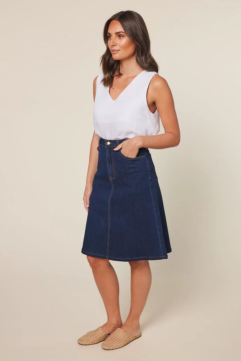 Adrift Denim Short A-Line Skirt in Mid Wash