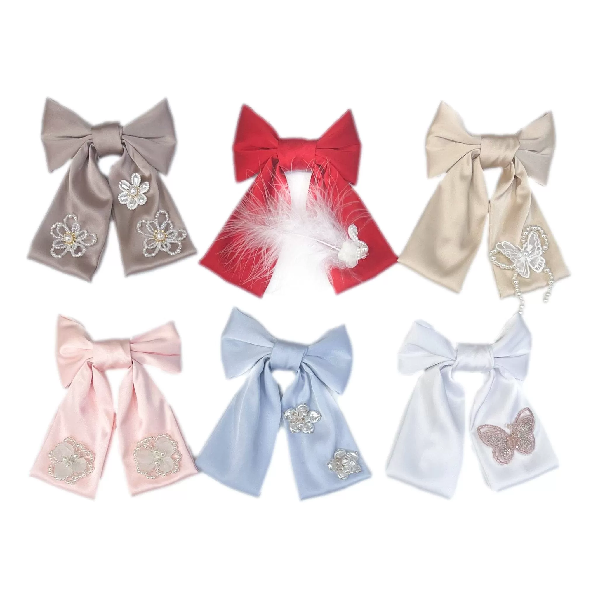 Anise Satin Embroidered Hair Bows