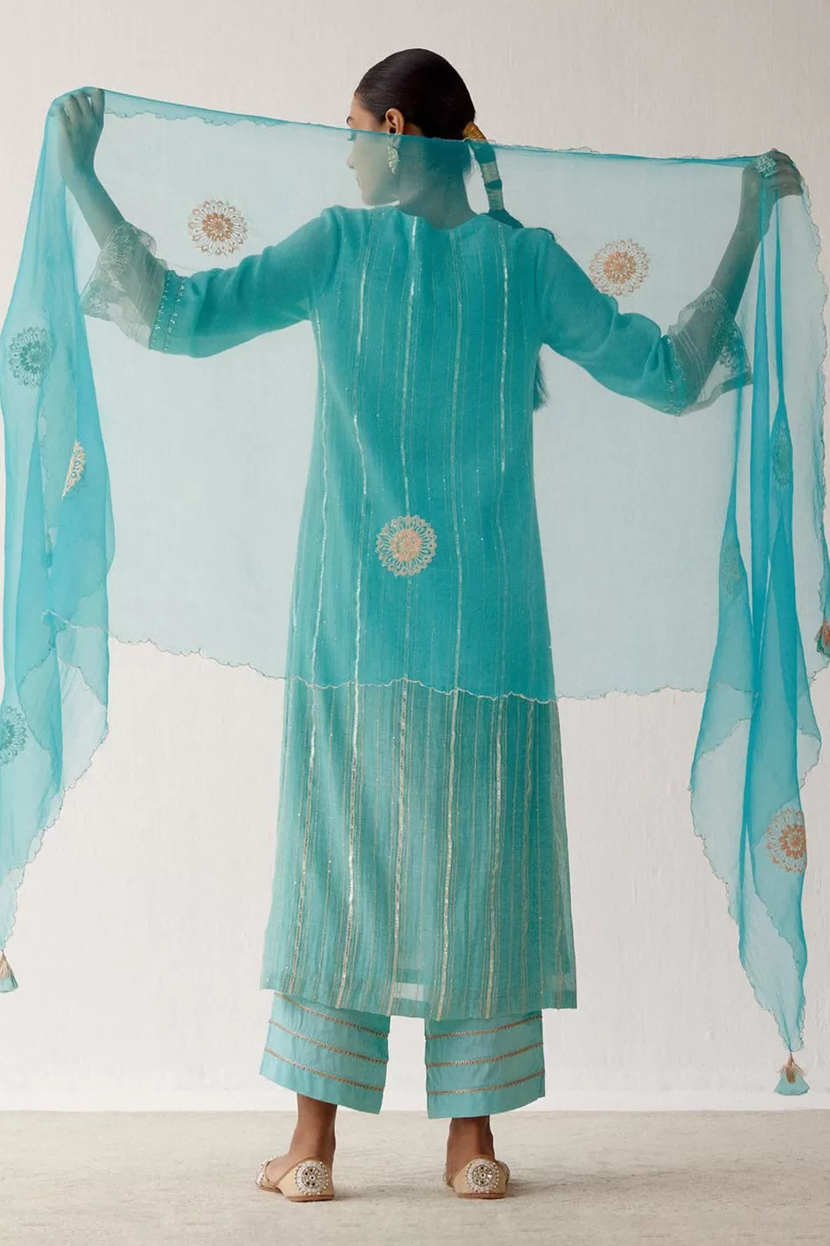 Aqua Blue Zari Detailed Chanderi Kurta Set