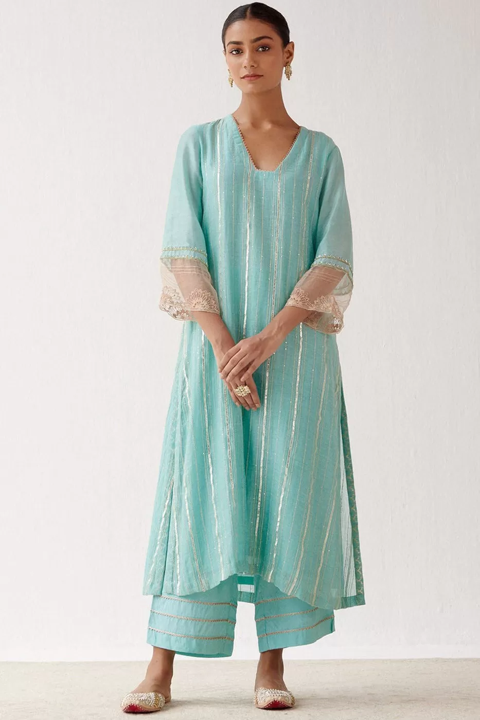 Aqua Blue Zari Detailed Chanderi Kurta Set