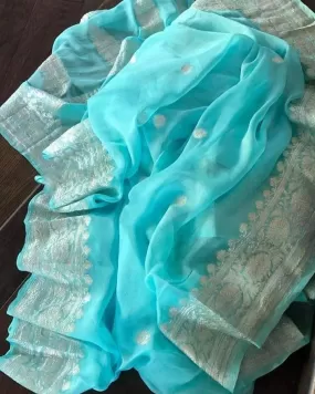 Aquatic Blue Banarasi Khaddi Chiffon Jaal Saree