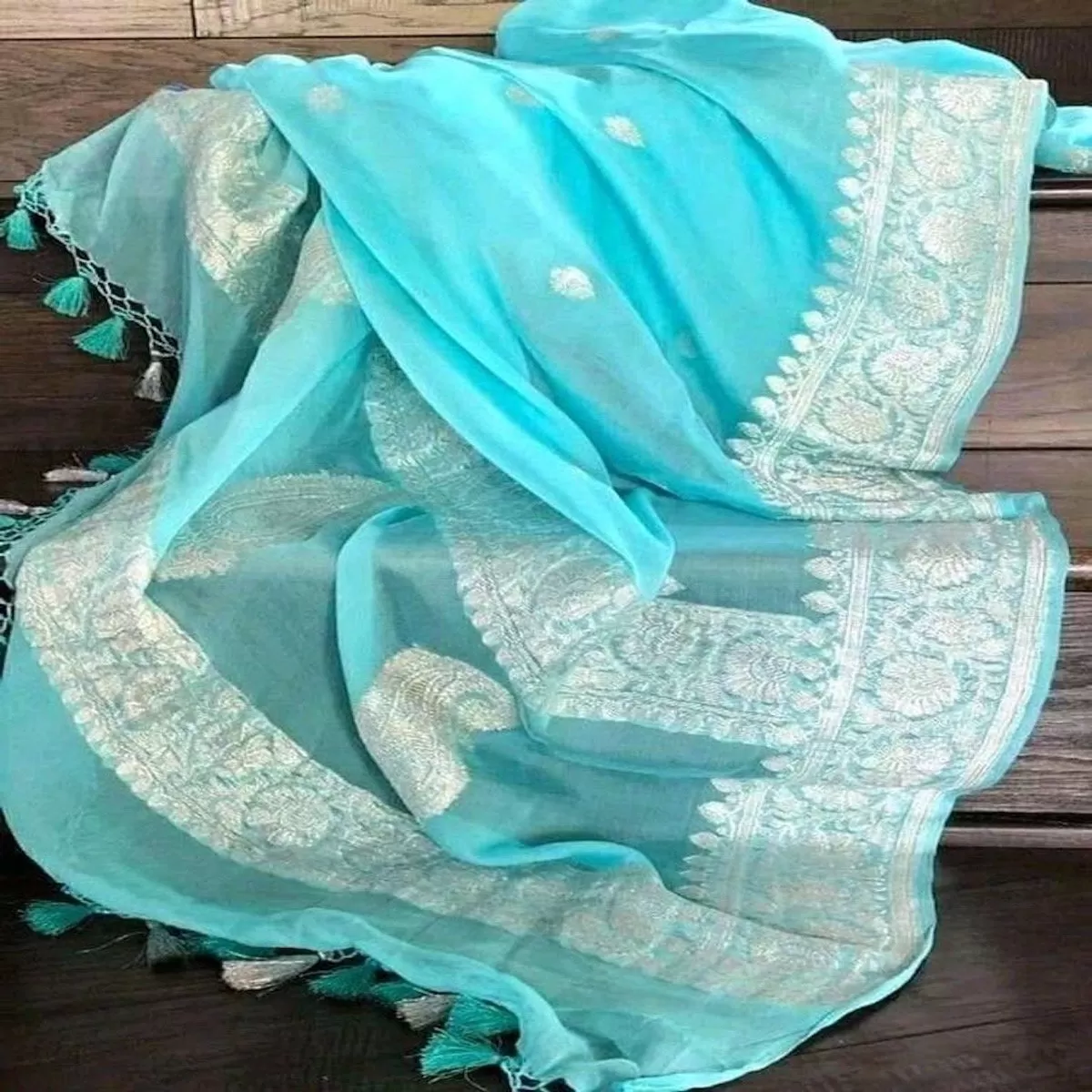 Aquatic Blue Banarasi Khaddi Chiffon Jaal Saree