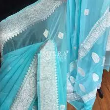 Aquatic Blue Banarasi Khaddi Chiffon Jaal Saree