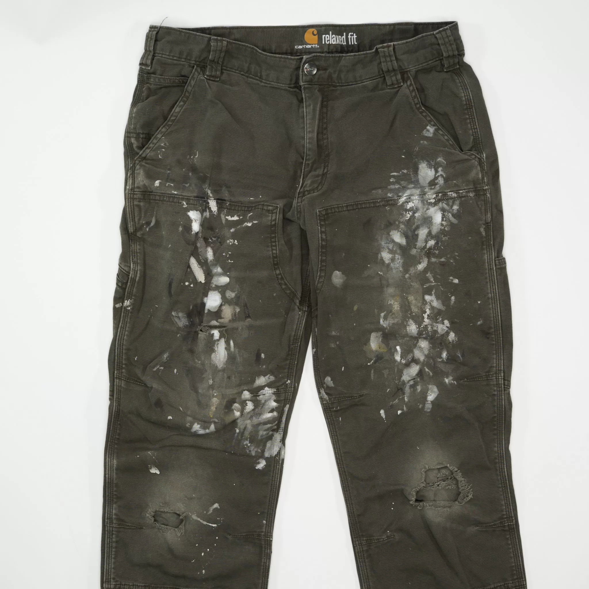 Army Green Carhartt Paint Splashed Double Knee Pants (34 x 32)