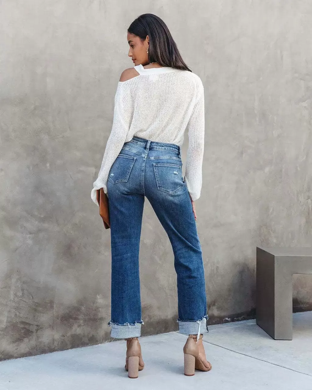 ASYMMETRICAL HIGH-WAIST FRAYED DENIM ANKLE PANTS