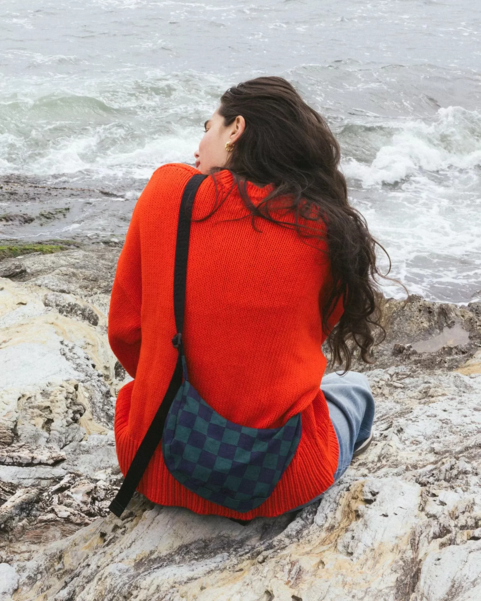 Baggu - Small Nylon Crescent Bag - Navy Green Check