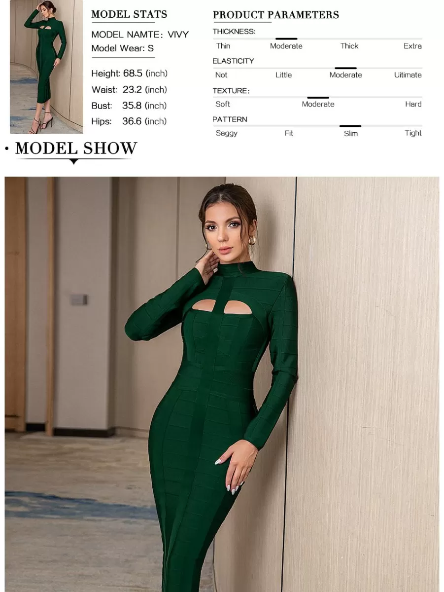 Bandage Bodycon Cut Out High Neck Long Sleeve Rayon Dress