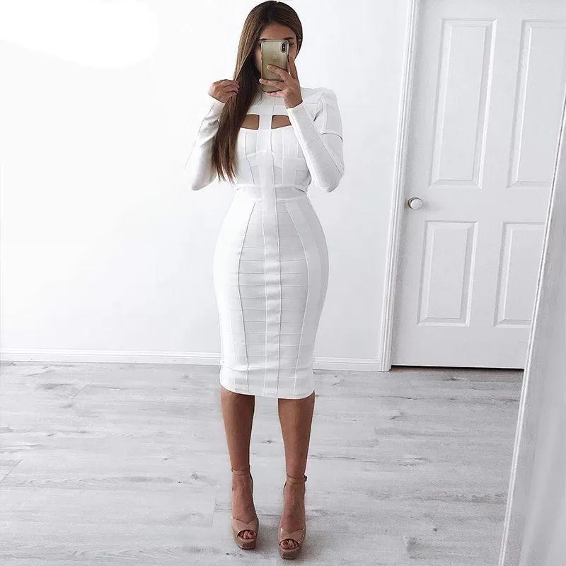 Bandage Bodycon Cut Out High Neck Long Sleeve Rayon Dress