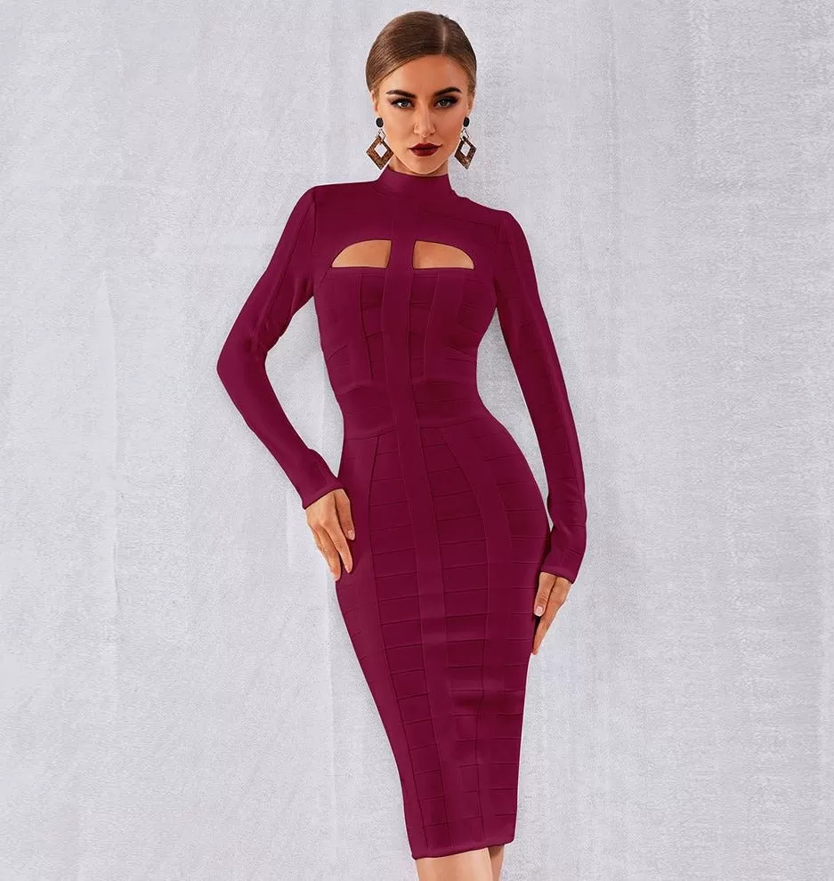 Bandage Bodycon Cut Out High Neck Long Sleeve Rayon Dress