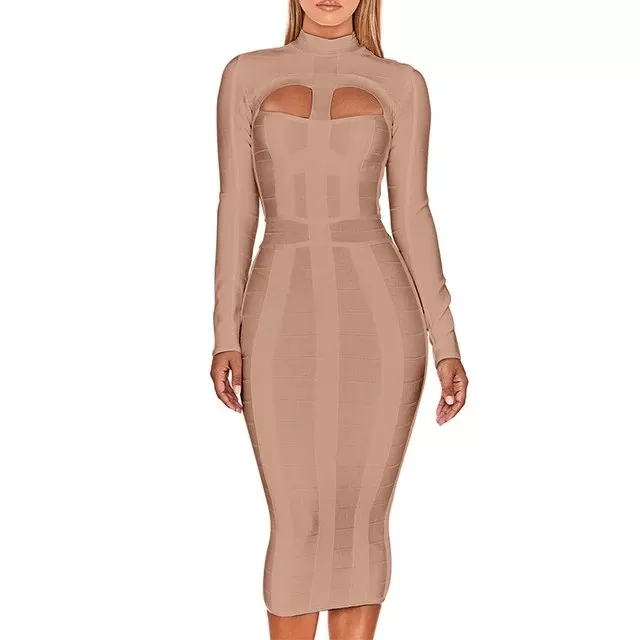 Bandage Bodycon Cut Out High Neck Long Sleeve Rayon Dress