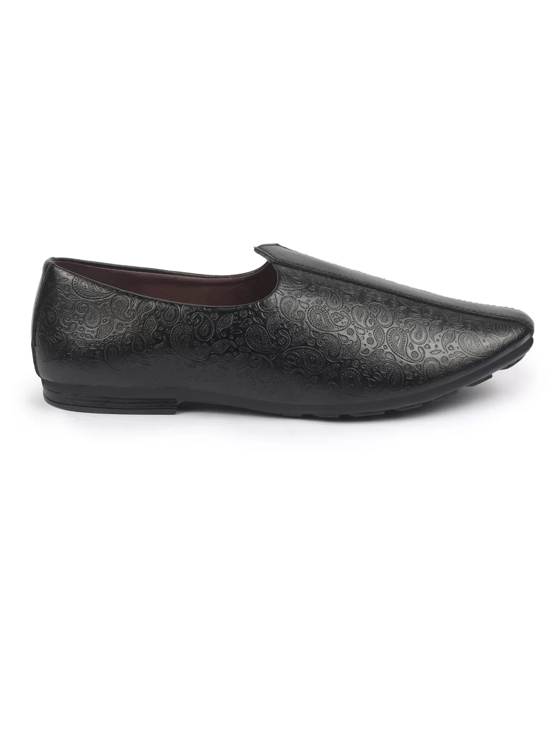 Basics Men Black Textured Floral Prints Slip On Ethnic Juttis and Mojaris