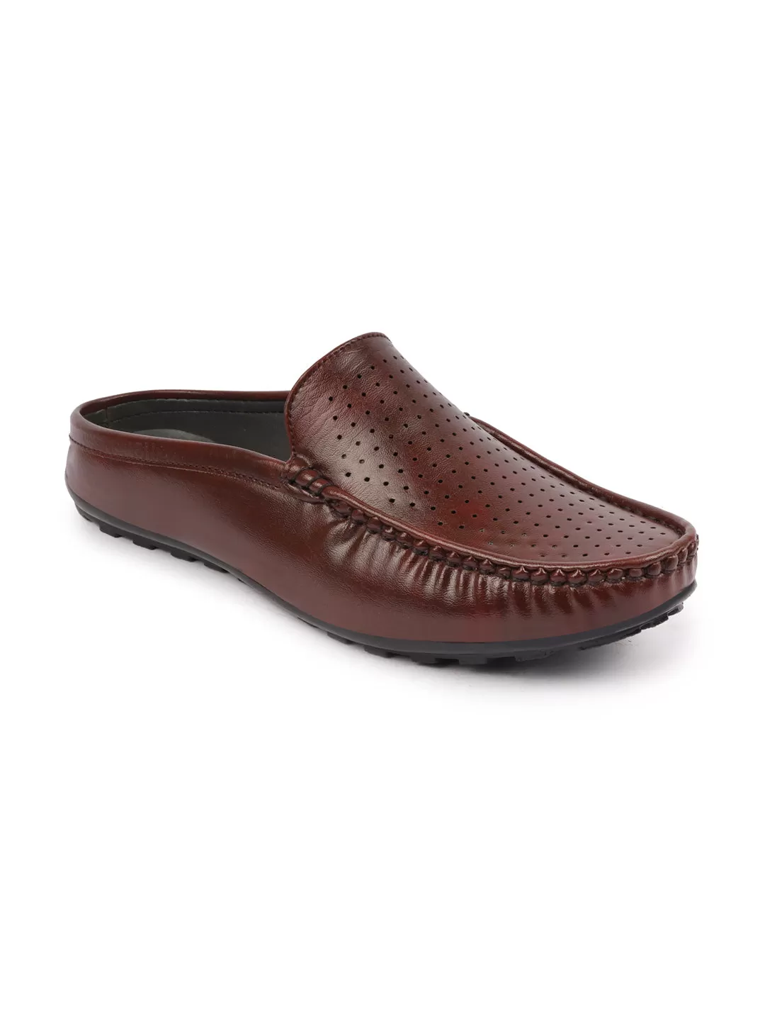 Basics Men Brown Back Open Stitched Design Lightweight Ethnic Evening Wedding Slip On Mules