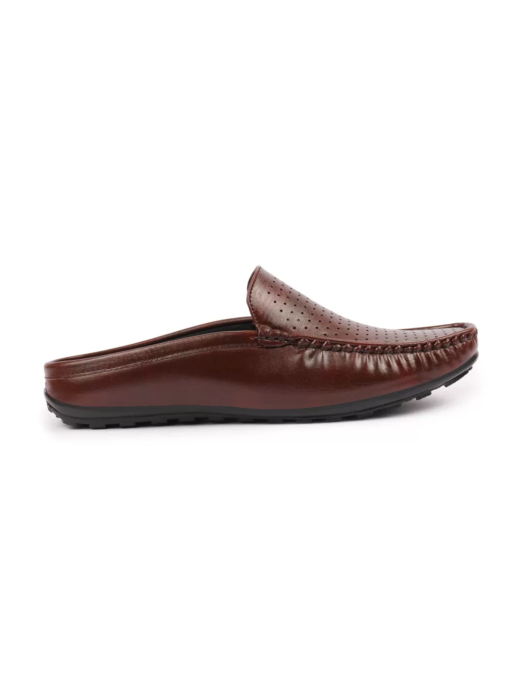 Basics Men Brown Back Open Stitched Design Lightweight Ethnic Evening Wedding Slip On Mules