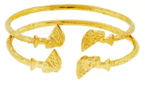 Better Jewelry Queen Nefertiti Solid .925 Sterling Silver West-Indian Bangle Set Plated with 14K Gold, 1 pair