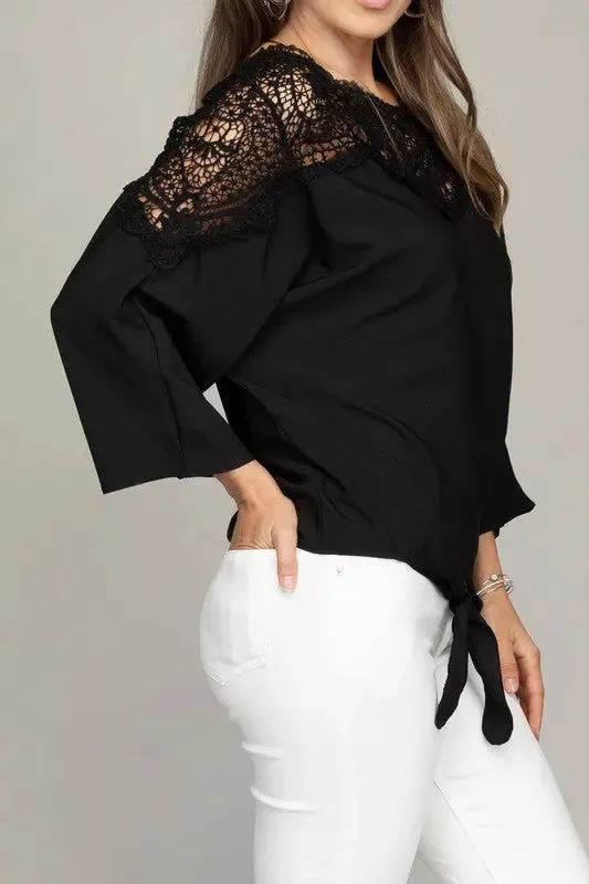 Black Blouse with Lace Front Tie