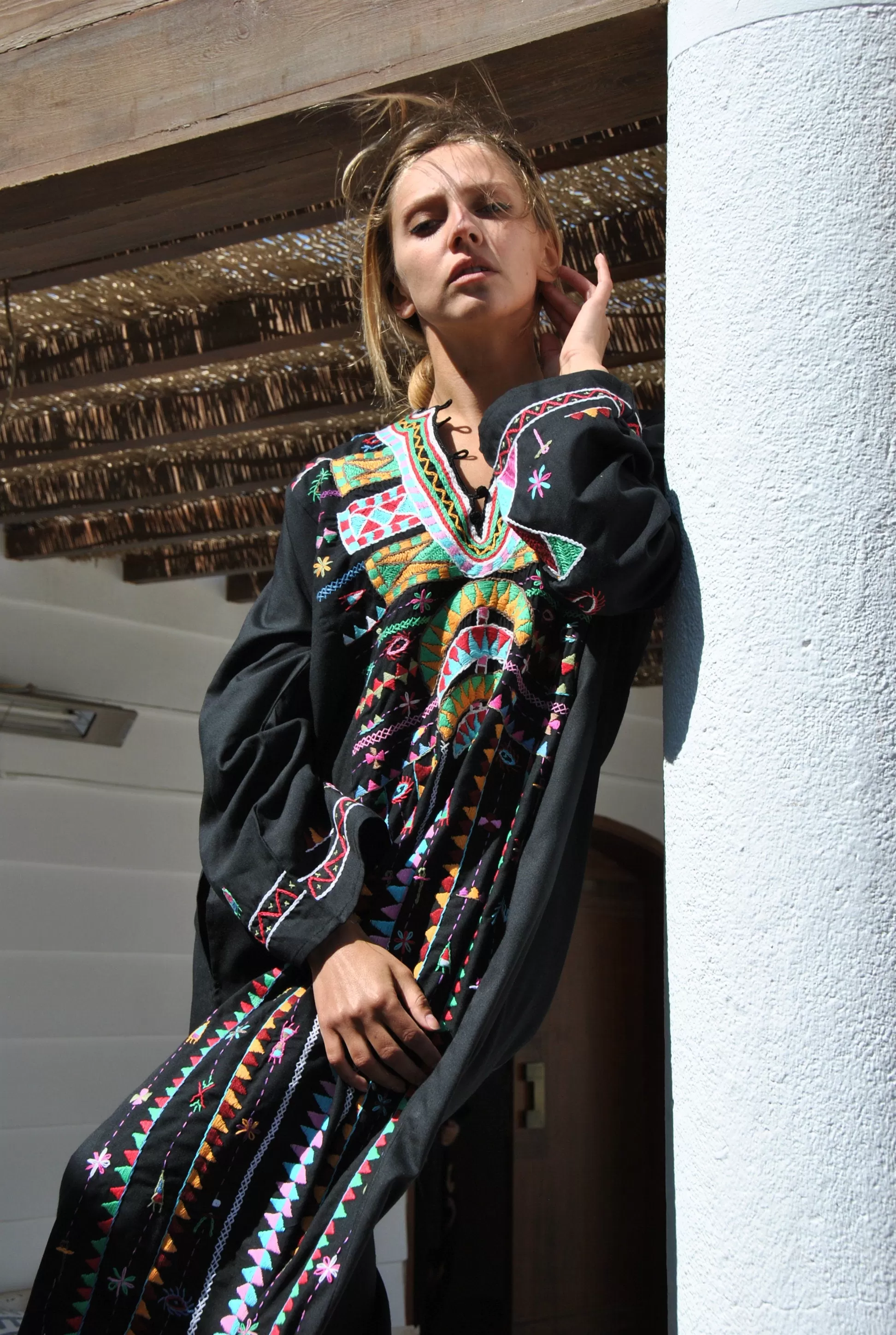 Black hand embroidered Siwa Kaftan, hand embroidered cotton caftan, caftans for women, women's kaftans, embroidered kaftan, boho kaftans