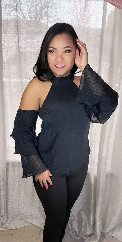 Black Open Shoulder Top Halter Ruffle Sleeves