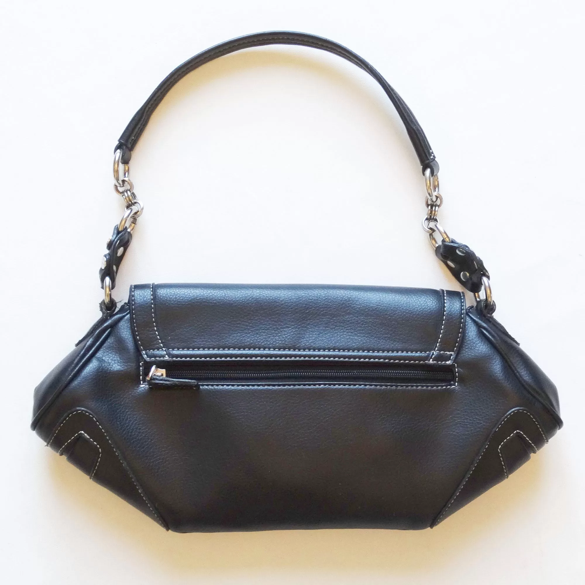 Black Pebble Leather Envelope Bag - Clasp Close, Pockets - Packable