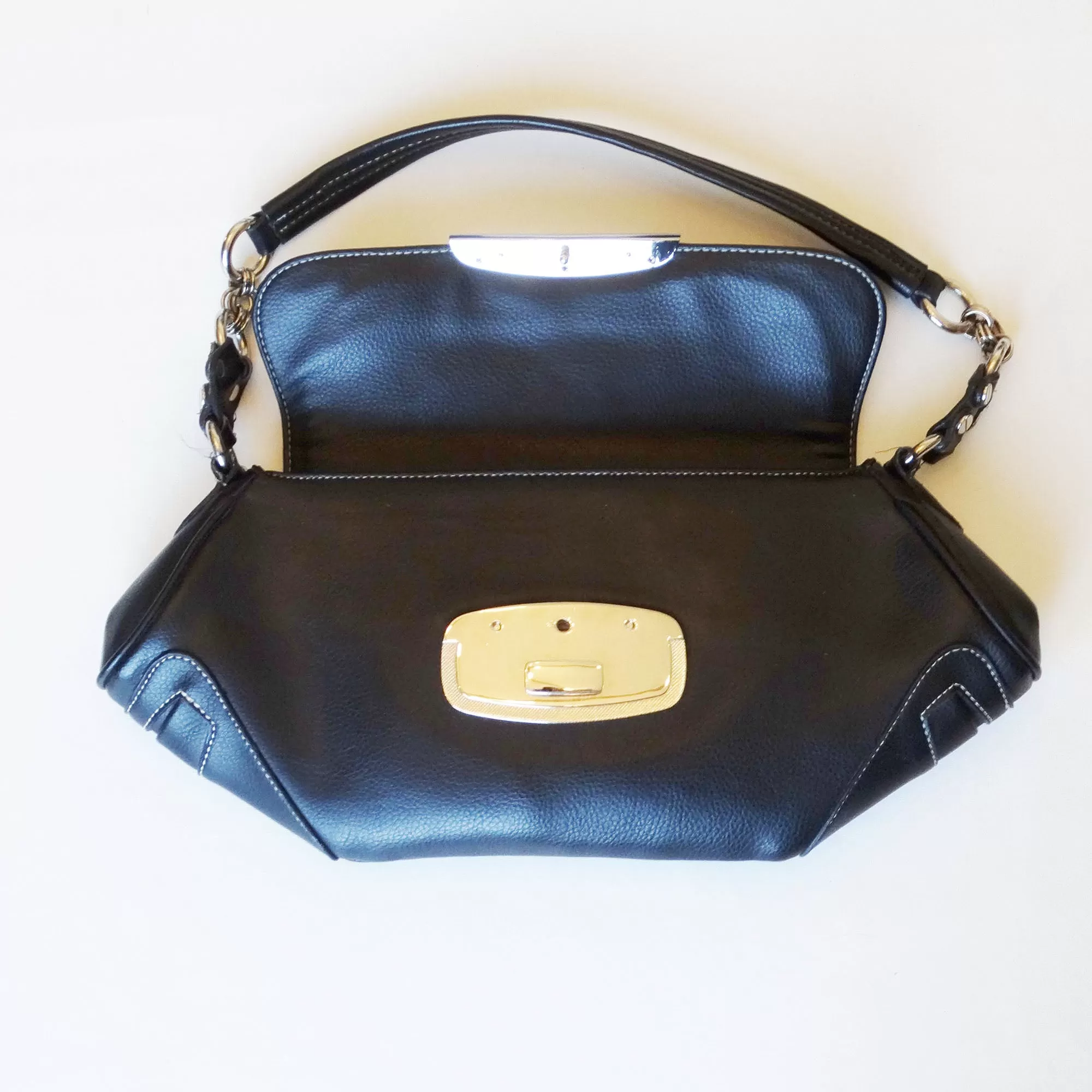 Black Pebble Leather Envelope Bag - Clasp Close, Pockets - Packable