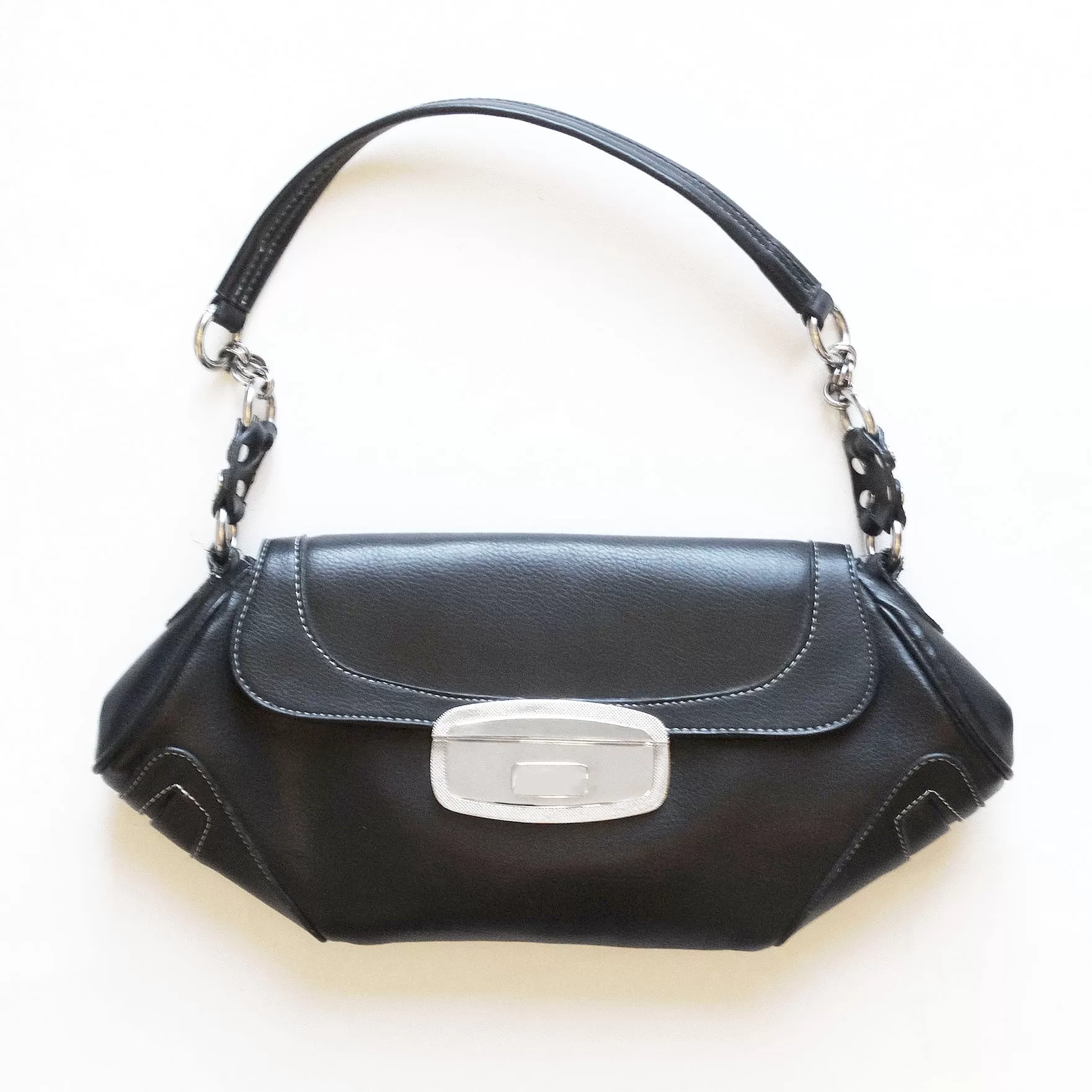 Black Pebble Leather Envelope Bag - Clasp Close, Pockets - Packable