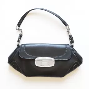 Black Pebble Leather Envelope Bag - Clasp Close, Pockets - Packable