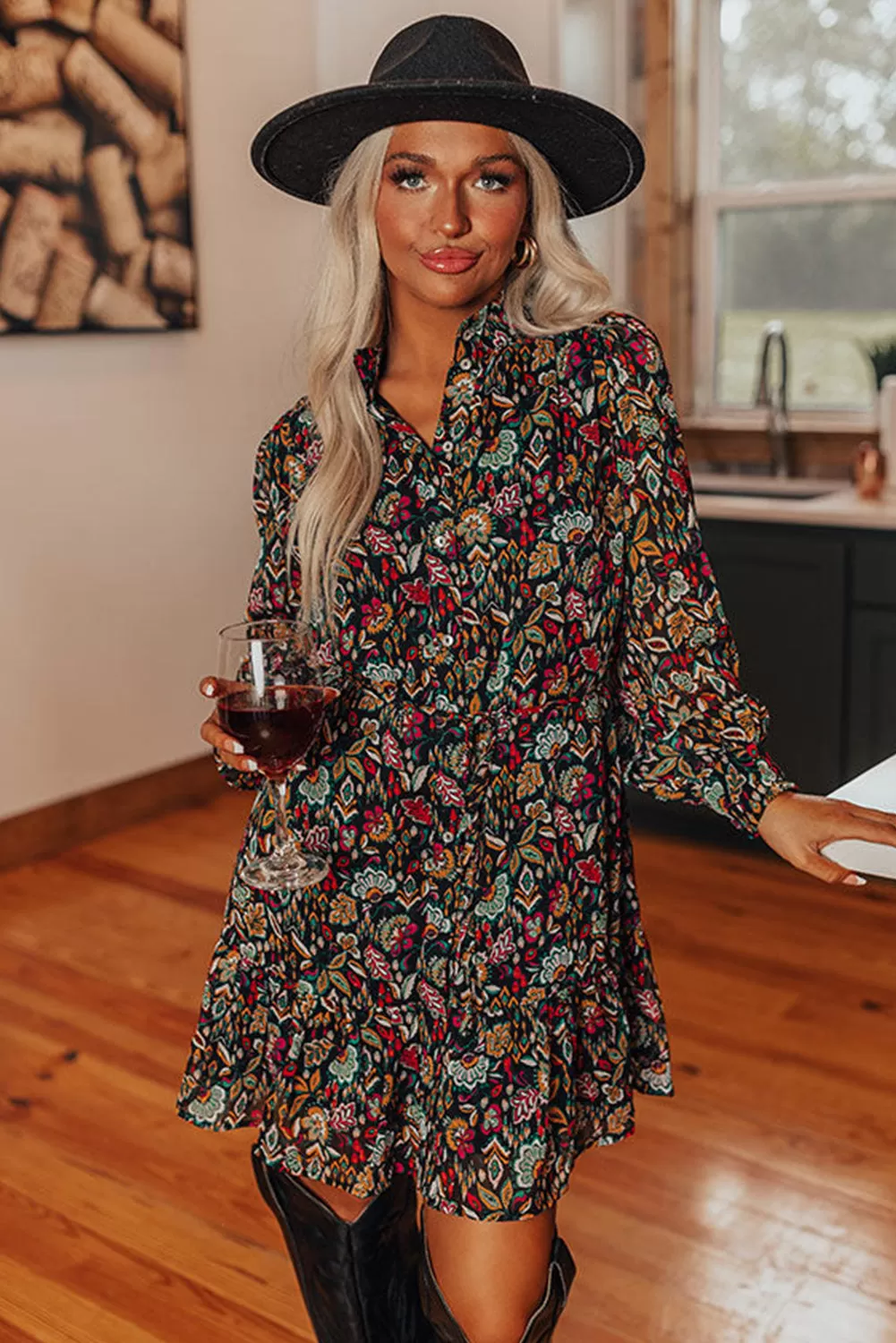 Black Retro Floral Tie Waist Short Ruffle Shirt Dress